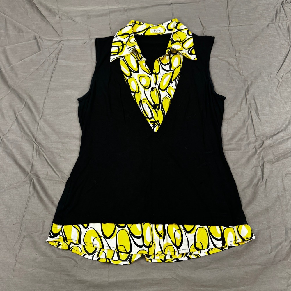 Cache Womens Sleeveless Layered Look Blouse Yellow Black Geometric Print Medium